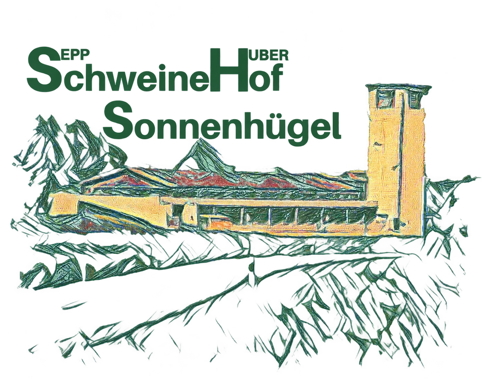 Freigestellte Fassung des ursprünglichen Hoflogos: Sepp Huber, SchweineHof Sonnenhügel, mit der gezeichneten Hofanlage und dem gelben Turm.